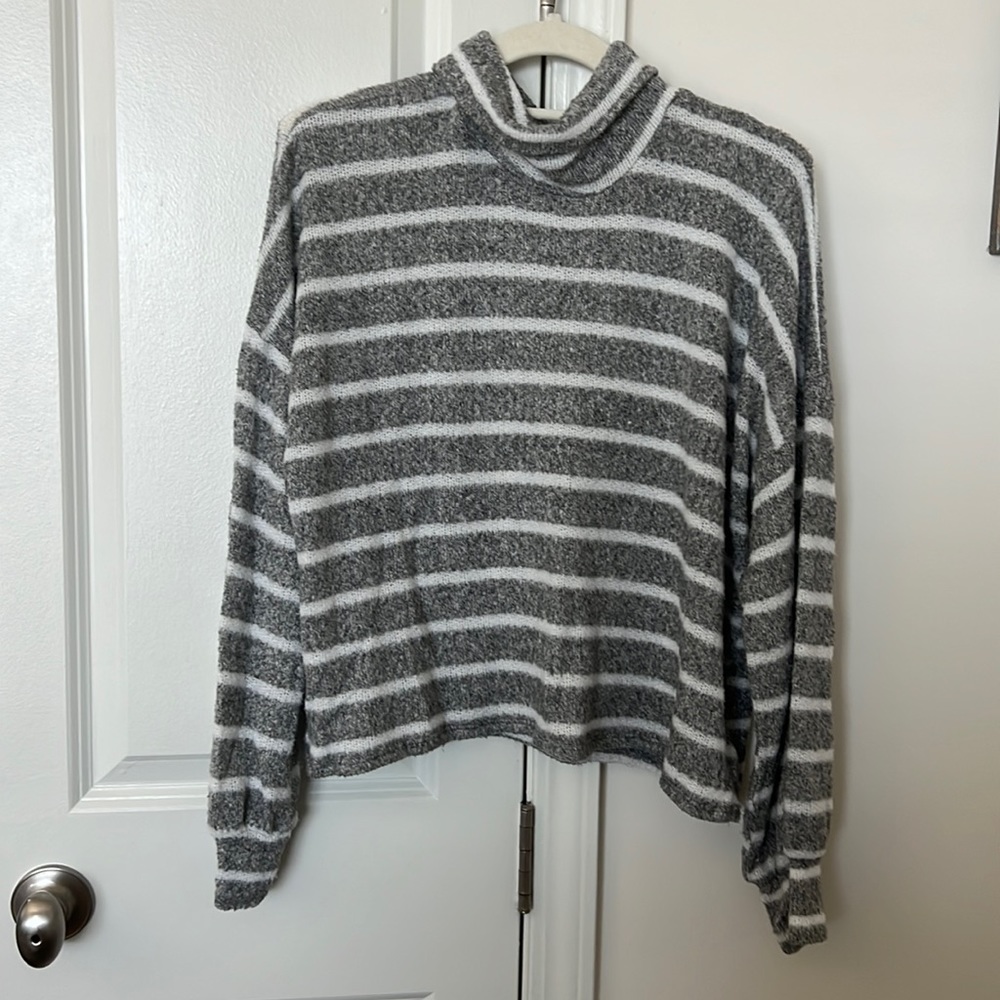 Gray and White Striped Turtleneck Sweater